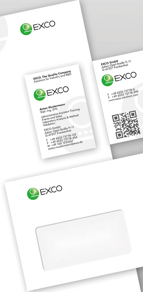 Relaunch der Marke und Neugestaltung der Geschäftsausstattung Geschäftsausstattung mit Briefbogen, Kuvert und Visitenkarte der EXCO GmbH