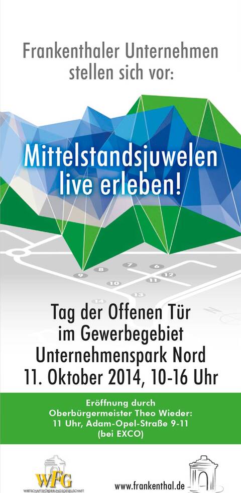 Flyer Tag der Offenen Tür Flyer mit dem Titel "Mittelstandsjuwelen live erleben!" zum Tag der Offenen Tür eines Gewerbegebietes und stilisierten Juwelen sowie abstraktem Stadtplan